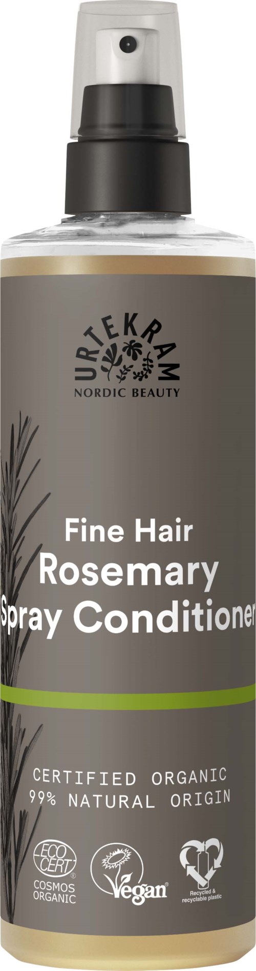 Een sprayfles met label 'Rosemary Spray Conditioner' voor fijn haar, natuurlijk en biologisch, met certificeringsiconen en een zwarte dop.