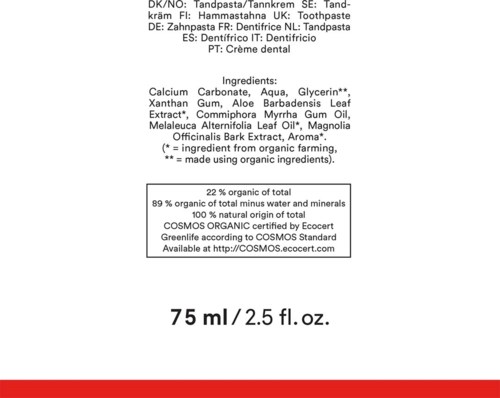 Text auf einem Produktetikett über Inhaltsstoffe, Zertifizierungen und Volumen einer Zahnpasta.