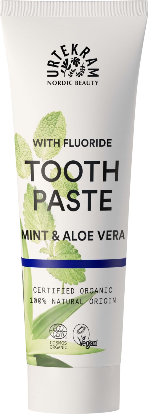 A white tube of toothpaste with mint and aloe vera, organic certification, vegan, and fluoride included. Nordic brand.