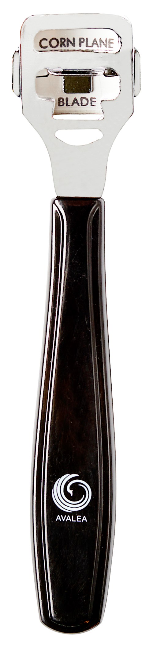 A corn peeler with a black handle and metal blade, labeled "Corn Plane" and "Blade."