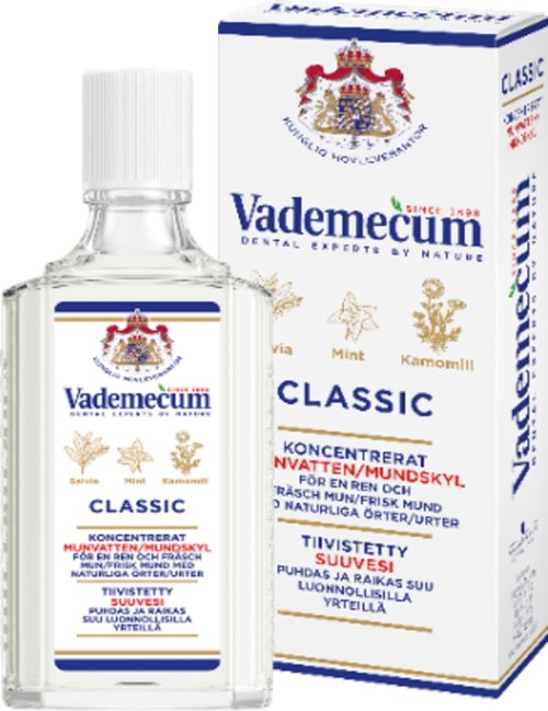 Vademecum-Flasche und Packung mit Pflanzenillustrationen und Text für Husten und Erkältung.