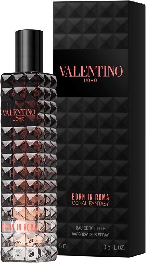 En Valentino Uomo parfyllflaska med texturert mönster och svart kork, bredvid en matchande svart låda. Flaskans text är röd och vit.