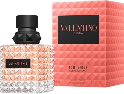 Eine rosa Valentino-Parfüfflasche mit strukturierter Oberfläche und passender Verpackung, beschriftet Valentino Donna, Born in Rome, Coral Fantasy.