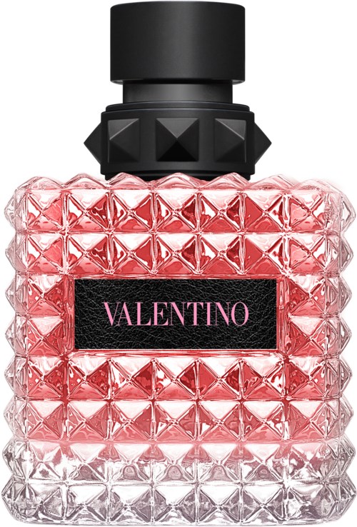 Een roze en doorzichtige parfumfles met een zwarte dop en een roze label met 'Valentino'.