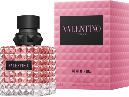 Roze geverfde parfumfles en bijpassend roze doos met zwart label, Valentino Donna, geboren in Rome, 50 ml.