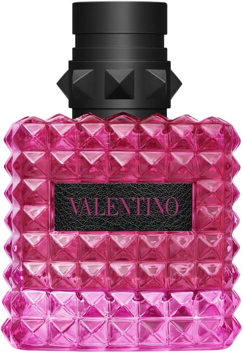 Pinke Parfüfeflasche mit strukturierter, gepunkteter Oberfläche und schwarzem Deckel, mit Valentino beschriftet.