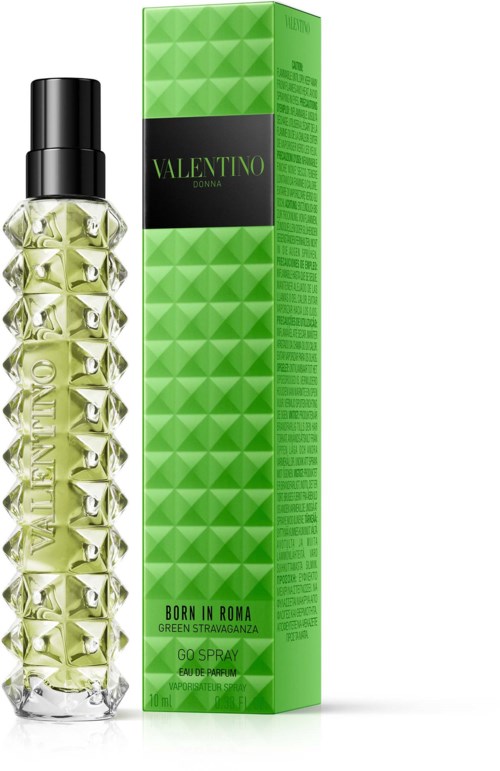 Valentino Parfümflasche mit grünen und silbernen Details neben einer grünen Schachtel. Die Flasche hat ein dekoratives genageltes Design.