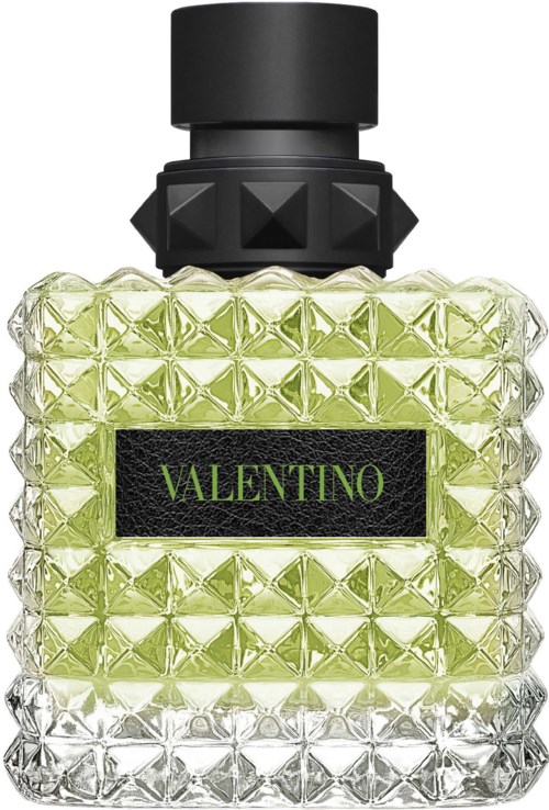 Eine Glasparfümflasche mit schwarzem Deckel, strukturierter Oberfläche und Valentino-Label.