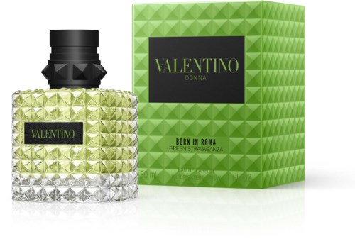 A perfume bottle and box with green and silver diamond patterns, Valentino Donna Born in Roma label.
