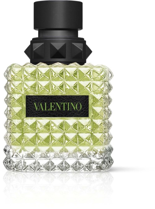 Ein Parfümflasche mit strukturierter Glasgestaltung, schwarzem Deckel und grünen sowie weißen Abschnitten, mit Valentino beschriftet.