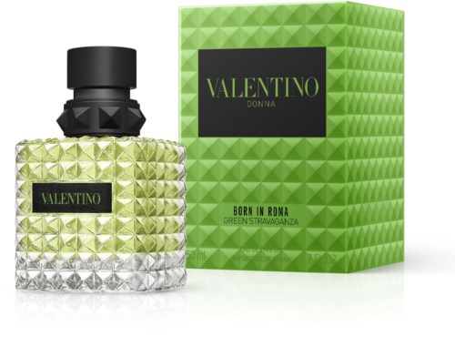 Ein Parfühflasche mit strukturierter Oberfläche und grüne Verpackung mit der Aufschrift Valentino Donna Born in Roma Green Stravaganza.
