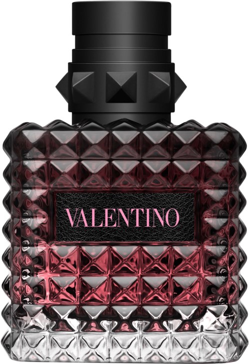 Een parfumbly met een diamantpatroon, roze en zwarte kleuren, en VALENTINO op het label.