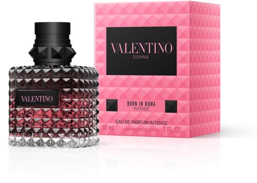 Een parfumfles met een roze en zwarte doos, met getextureerd glasontwerp en Valentino-merk.