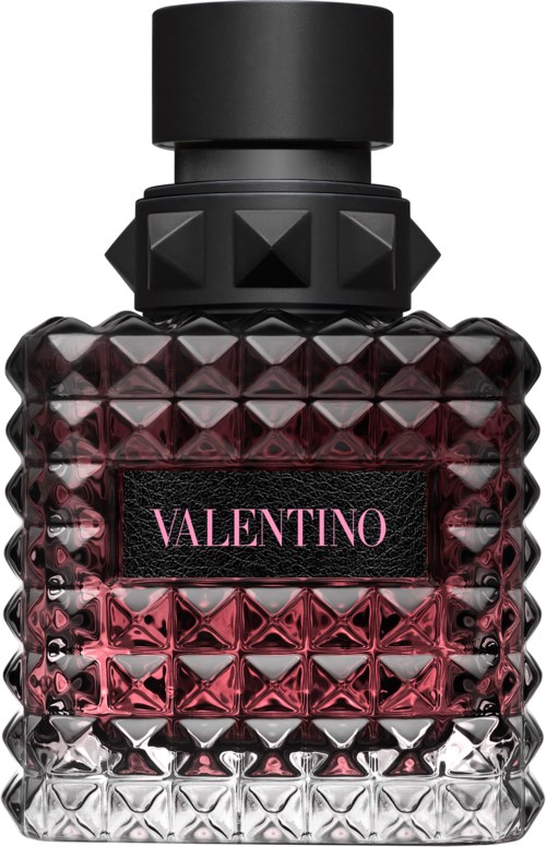 Een donkerroze en zwarte fles met een diamantachtig patroon en de naam 'Valentino'.