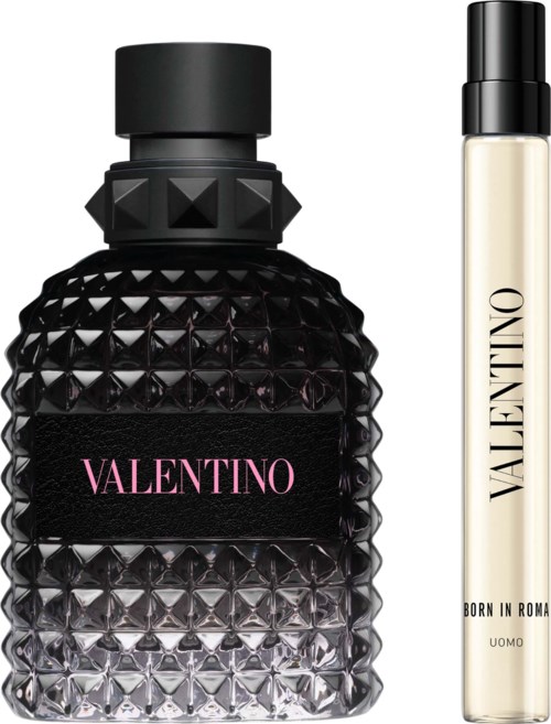 Zwei Valentino-Produkte: eine schwarze strukturierte Flasche und ein dünner weißer Sprühnebel mit Valentino und Born in Rome.