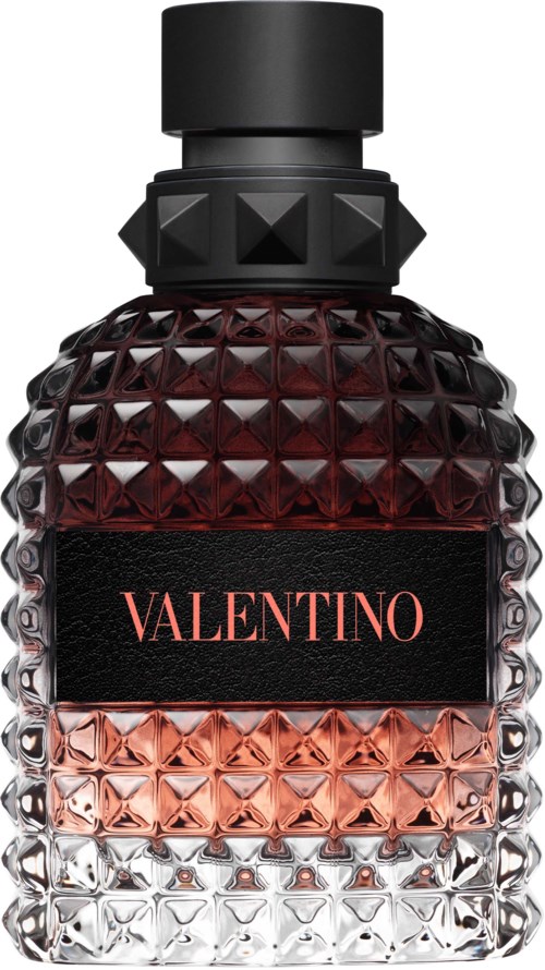 Ein Parfümflasche mit schwarzem Deckel, strukturiertes Glas und schwarzen Etikett mit pinkfarbener "VALENTINO" Schrift.