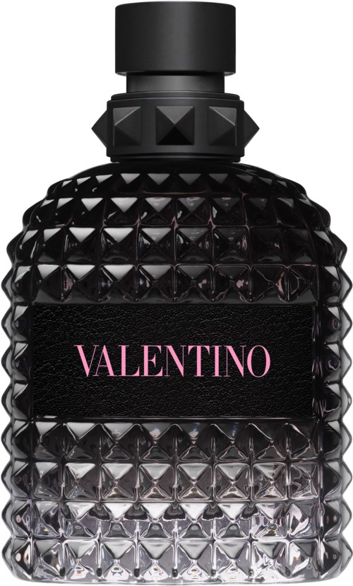 A black perfume bottle with a textured, diamond pattern and a label that says 'VALENTINO' in pink letters.