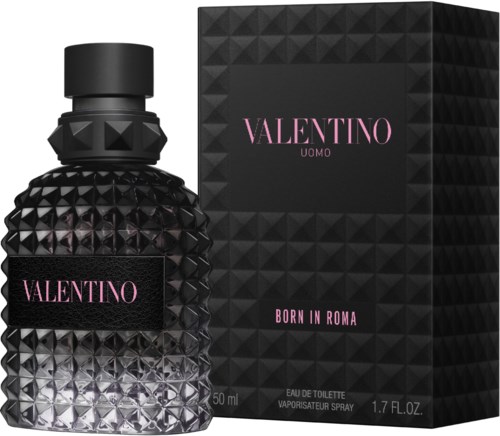 Een zwart parfumflesje met een getextureerd diamantpatroon en roze Valentino-logo, naast een bijpassende zwarte doos.