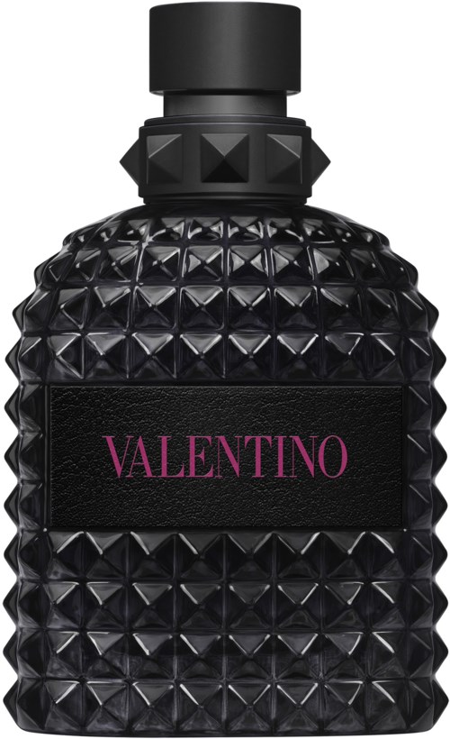 Eine schwarze Parfüfflasche mit einer strukturierten, pyramidenförmigen Oberfläche und einem Band mit dem Wort 'VALENTINO'.