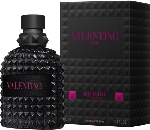 Schwarze Flasche mit strukturierter Oberfläche, pinkem Text und passender Verpackung für Valentino Uomo Parfüm.