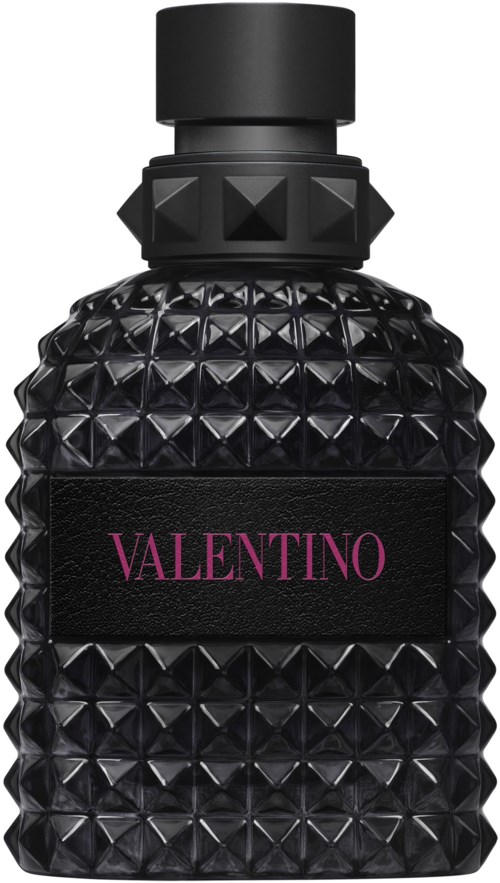 Schwarze Parfüfflasche mit einer strukturierten, diamantförmigen Oberfläche und einem violetten Valentino-Label.
