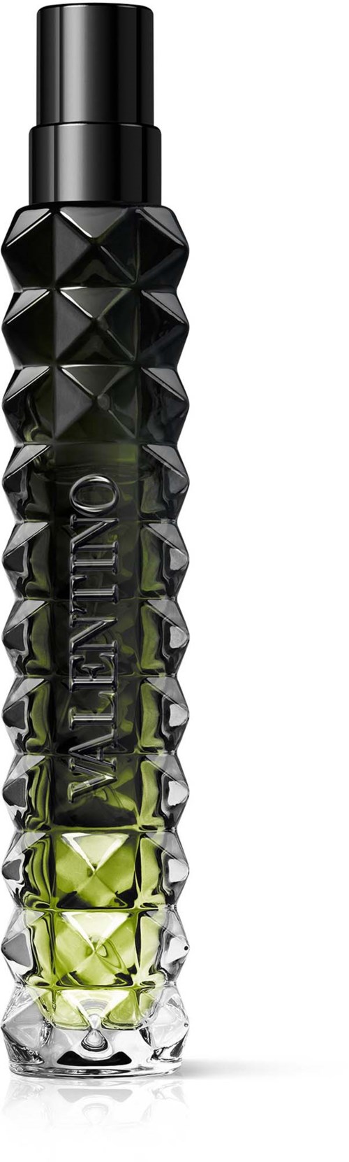 Lange schwarze Flasche mit einer strukturierten, diamantförmigen Muster und grüner Flüssigkeit im Inneren.