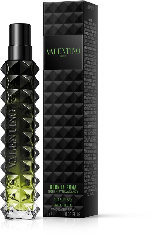 Grüne und schwarze Parfümflasche mit strukturierten Punkten und eine lange schwarze Box mit ähnlichen Mustern und Valentino-Beschriftung.