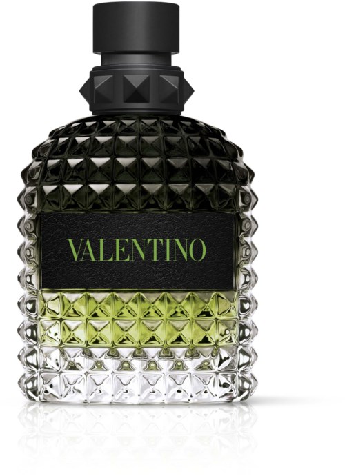 Een zwart, getextureerde parfumfles met een groen label met "VALENTINO." De fles heeft een geometrisch patroon en een zwarte dop.
