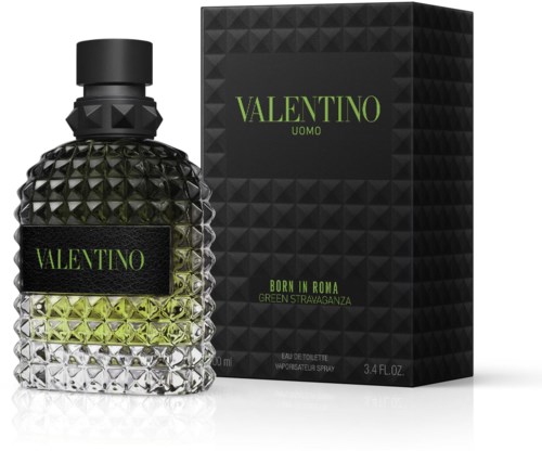 Een zwartgroene parfumfles met een getextureerde glasontwerp en bijpassende doos. De fles heeft een zwart deksel en label.