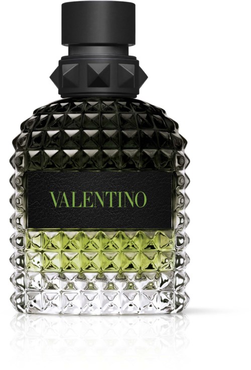 Een parfumfles met een getextureerde zwarte dop, diamantpatroon en een gradientlabel met 'VALENTINO' in groen en wit.