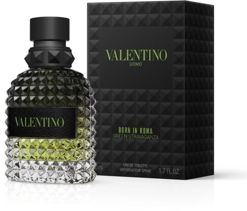 Valentino Uomo parfumfles en doos met groen en zwart ontwerp en getextureerd oppervlak.