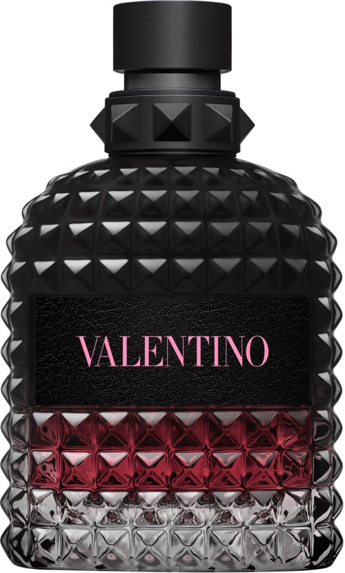 Black bottle with a textured surface, pink and red accents, and the word 'VALENTINO' on the front.