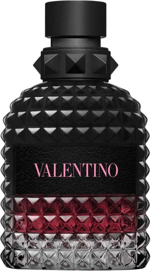 A black perfume bottle with pyramid shapes, pink text saying 'Valentino', and a red band near the bottom.