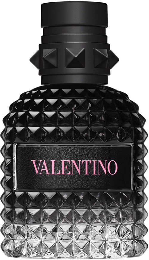 Valentino-hajuvesipullo, jossa on teksturoitu musta ja läpinäkyvä muoto ja musta korkki.