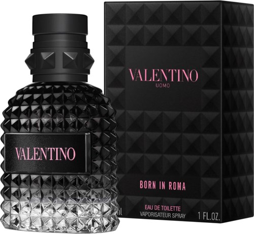Musta pullo, jossa on teksturoitu timanttikuosi ja pinkki Valentino-logo, ja vieressä samanlainen musta laatikko pinkillä tekstillä.