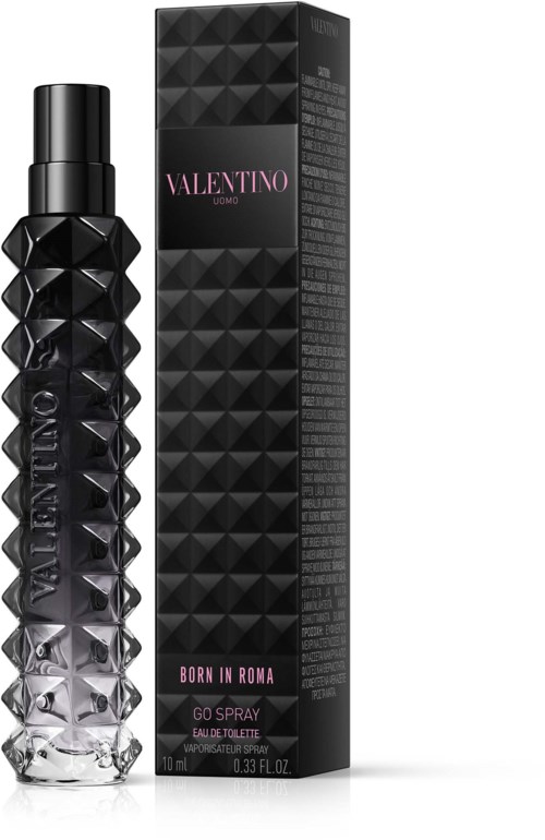 Schwarze und silberne Parfühflasche mit Diamantenmuster, passende schwarze Verpackung. Valentino Born in Roma.