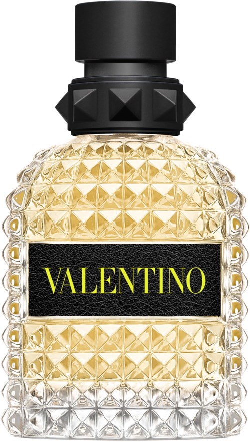 Ein Parfümflasche mit schwarzem Deckel, verziert mit Pyramidenmuster, und beschriftet "VALENTINO" in Gelb auf schwarzem Hintergrund.