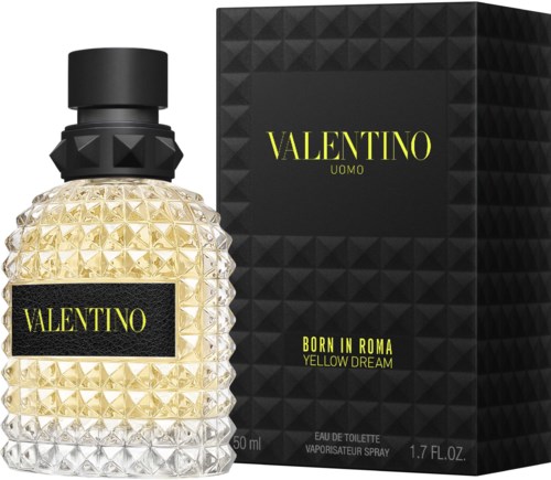 Eine Valentino-Parfüfflasche mit einer texturierten, edelsteinähnlichen Oberfläche und einer schwarzen Box mit gelbem Text.