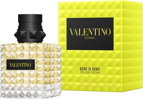 En parfyllflaska och låda med svart och gul design, märkt Valentino Donna Born in Roma Yellow Dream.