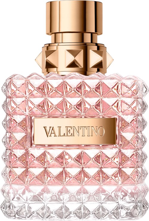 Eine rosa Parfüfflasche mit Diamantmuster und goldener Kappe, mit der Aufschrift Valentino.