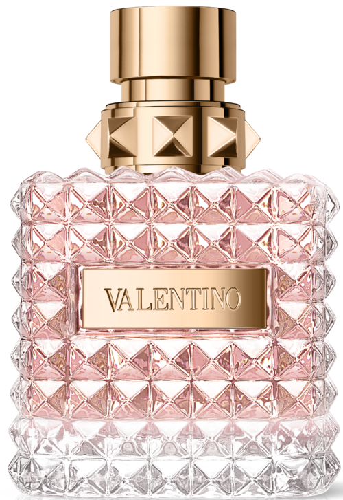 Eine rosa und klare gemusterte Parfümflasche mit goldenem Verschluss und Valentino-Logo.
