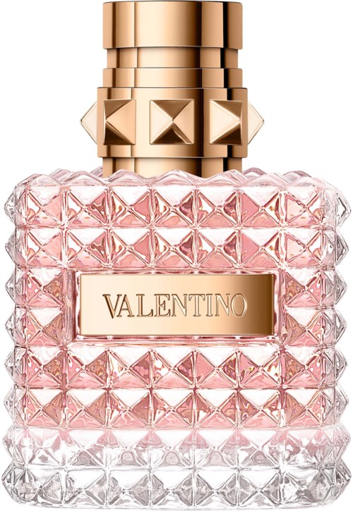 En dekorativ parfyllflaska med rosa glas och ett guldlock, med Valentinomärke.
