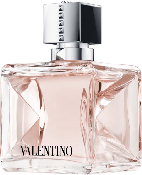 Een parfumfles met zilveren dop en roze vloeistof, gemarkeerd 'Valentino', stijlvolle en moderne uitstraling.