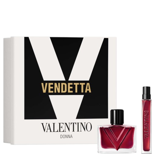 Valentino Vendetta Donna parfyme med en rød flaske og matchende leppestift.