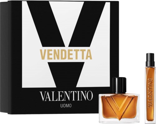 Valentino Vendetta Uomo parfymeflaske med svart lokk og en mindre duftprøve ved siden av emballasjen.