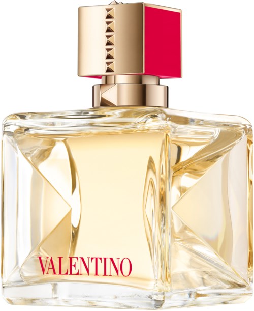 Eine elegante Parfümflasche mit goldener und roter Kappe und dem Namen Valentino auf dem Glas.