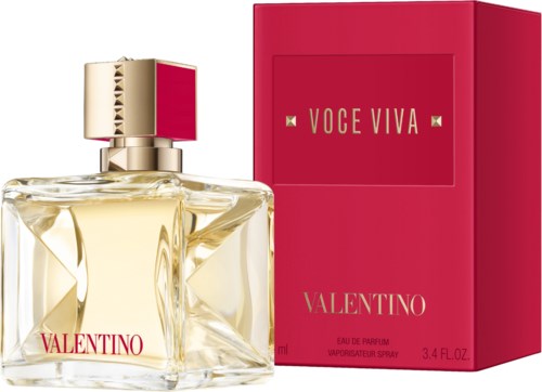 Ein Parfümflasche und eine rosa Box. Das Parfüm ist Valentino Voce Viva.