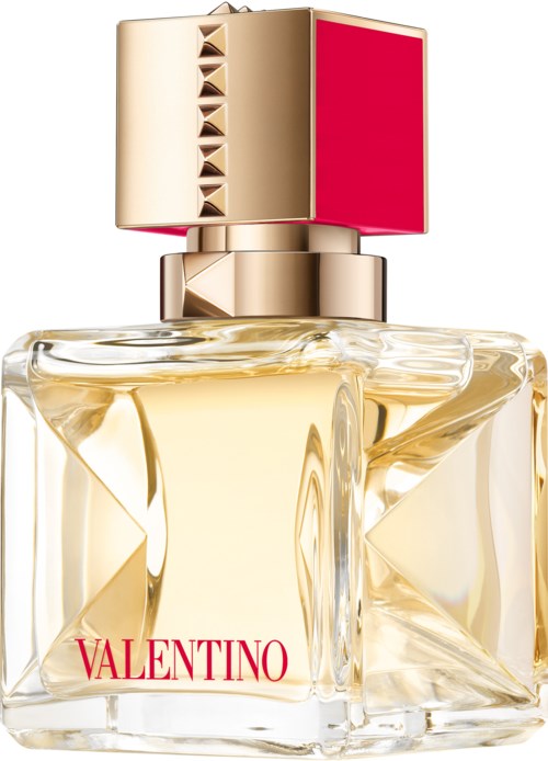 Ein Parfümflasche mit goldener Kappe, rotem Quadratelement und 'VALENTINO' auf dem Glas.