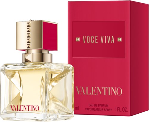 Ein Parfümflasche mit rotem und goldfarbenem Deckel und eine pinke Verpackung mit goldener Schrift 'Voce Viva Valentino'.
