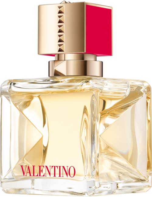 Eine Glasparfümflasche mit einem goldenen und roten Deckel und Valentino geschrieben auf der Vorderseite.